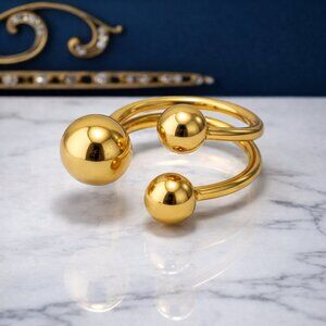 18K Gold Plated Adjustable Triple Beads Stainless Steel Statement Ring Sz 8